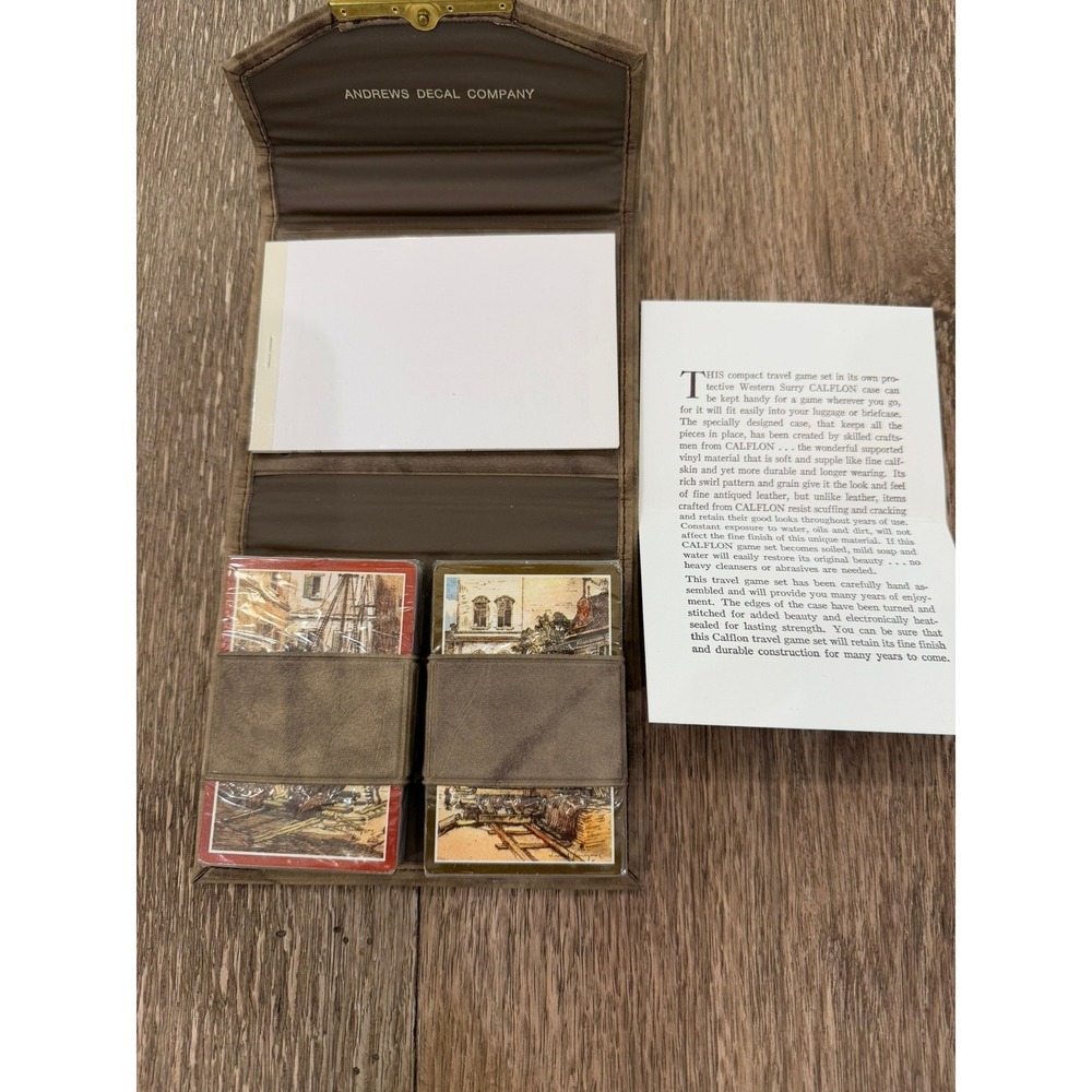 Vintage Andrews Decal Co Travel Playing Card Set Calflon Case Brown Faux Leather